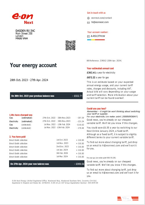 United Kingdom Eon gas and electricity business utility bill in Word and PDF formats, version 7